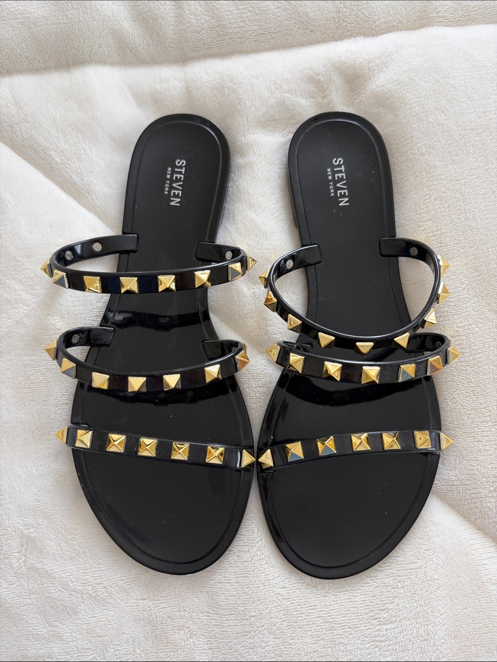 Steven Black Slide Sandals with Gold Stud Detailing